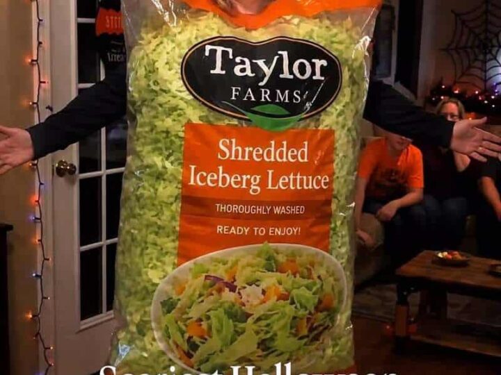 Woman with a bag of shredded iceberg lettuce as a Halloween costume.
