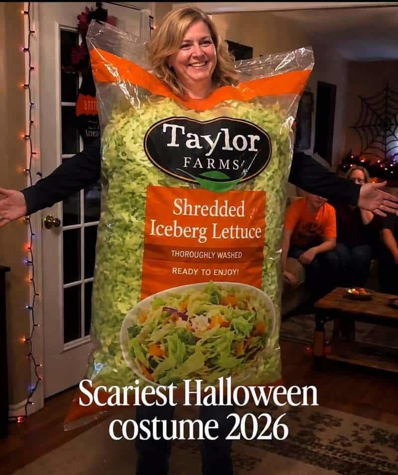 Woman with a bag of shredded iceberg lettuce as a Halloween costume.
