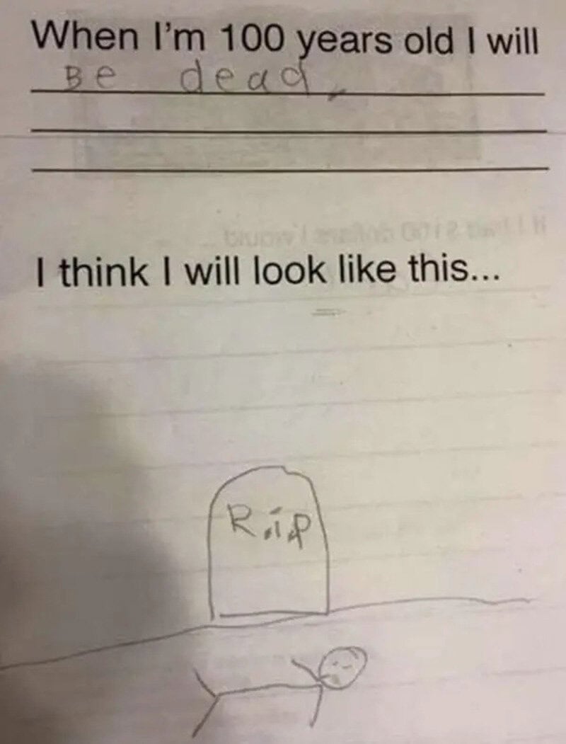 Child's drawing of a tombstone with 'RIP' and a stick figure lying down.