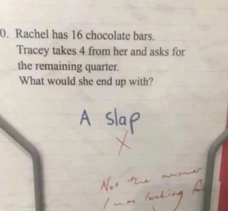 Child's answer 'A slap' to a math problem about chocolate bars.
