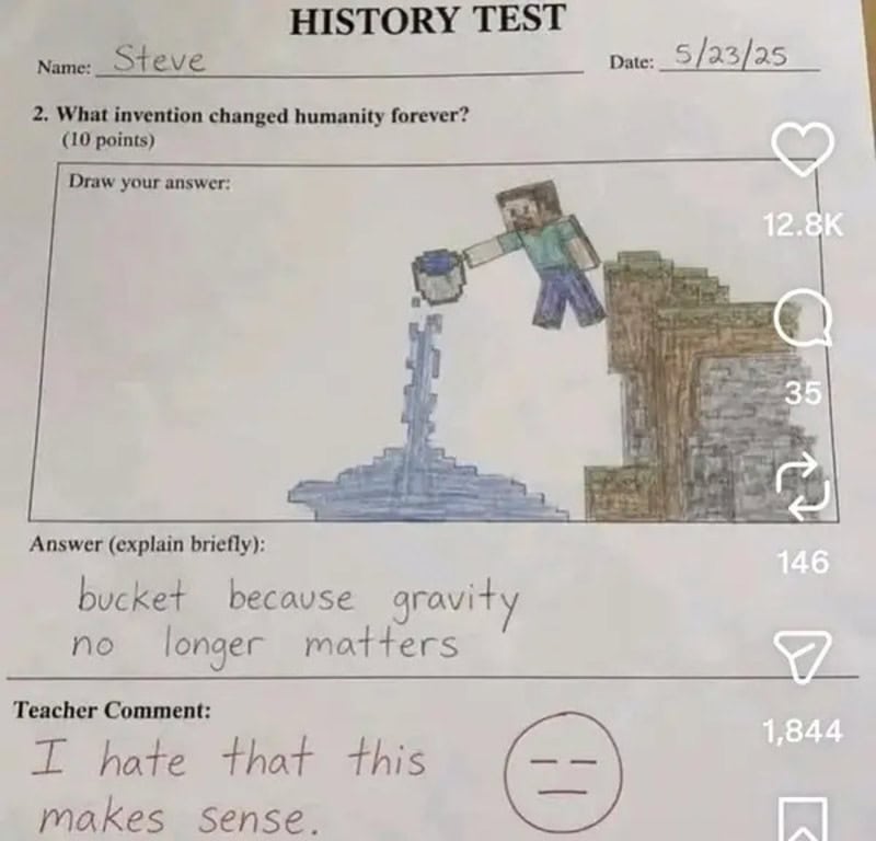 Child's drawing of a person pouring water into a bucket, with a humorous answer about gravity.