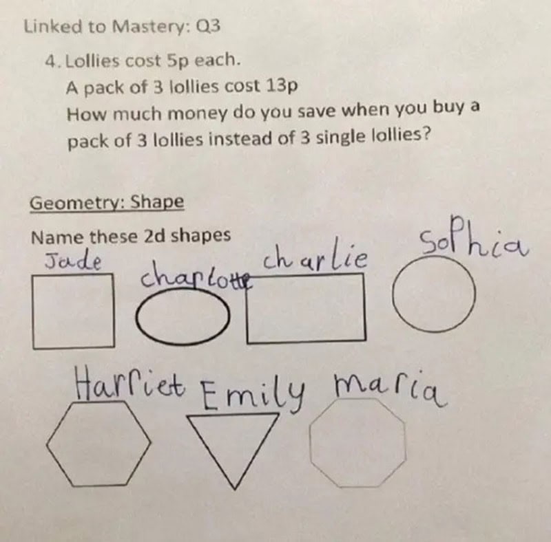 Math and shape questions with children's answers, including shapes and names.