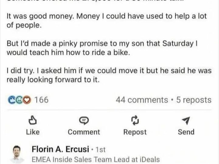 A Facebook post about turning down £75,000 for a bike ride with a son.