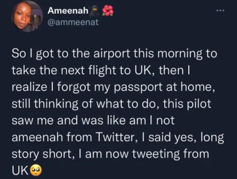 Twitter post about forgetting passport at home and tweeting from UK.