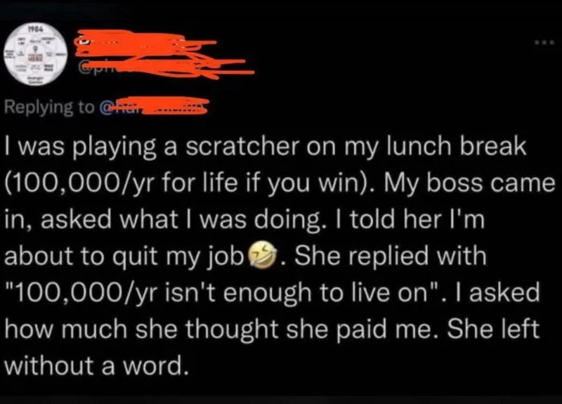 A social media post about playing a scratcher game during lunch.