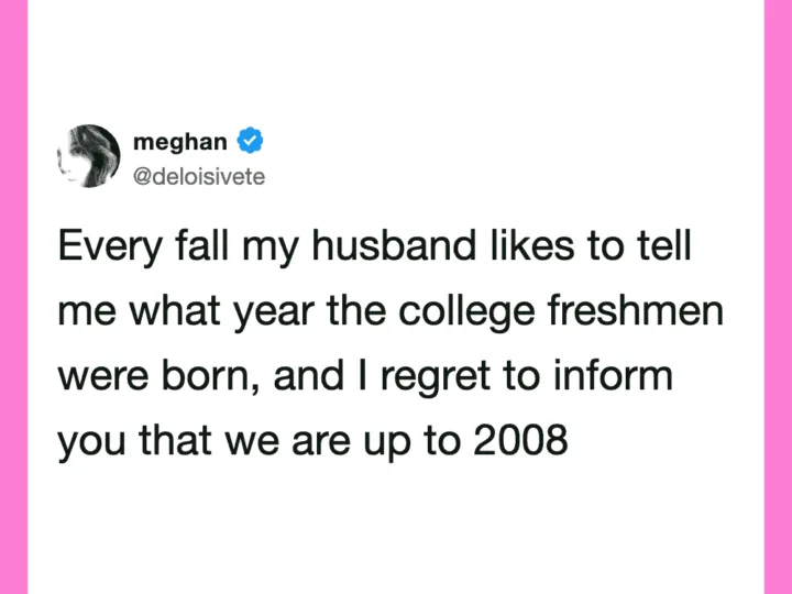 Meghan's tweet about her husband's college freshman year and their current year.