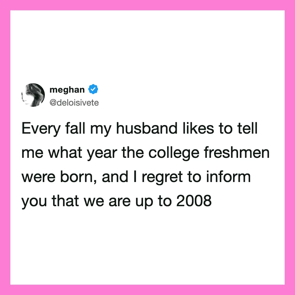 Meghan's tweet about her husband's college freshman year and their current year.
