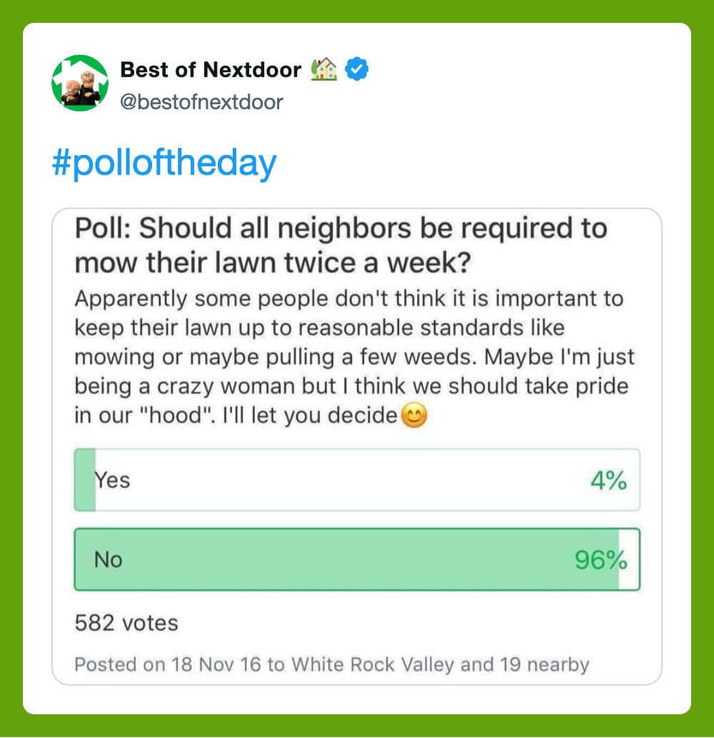 Poll about neighbors mowing lawns twice a week, with 4% Yes and 96% No.