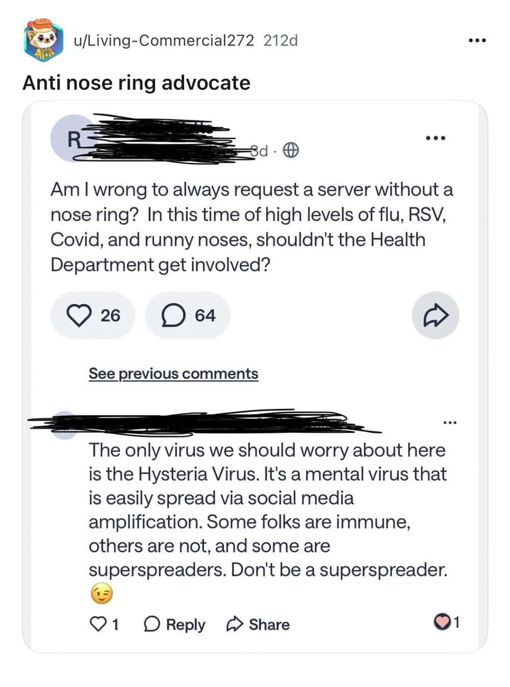 Anti nose ring advocate meme with humorous text about viruses and health.