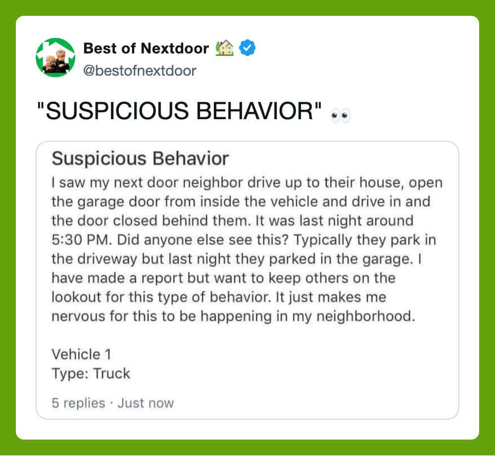 Screenshot of a Nextdoor post about suspicious behavior involving a truck.