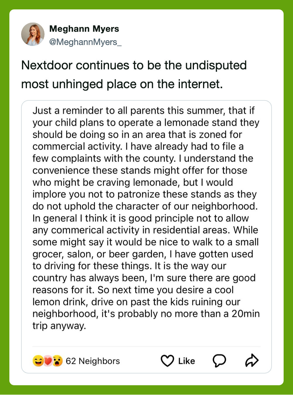 Nextdoor app post about kids and lemonade stand, with 62 neighbors reacting.