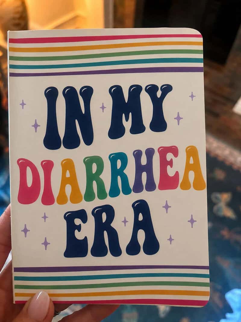 Notebook cover with colorful text: 'IN MY DIARRHEA ERA' and rainbow stripes.