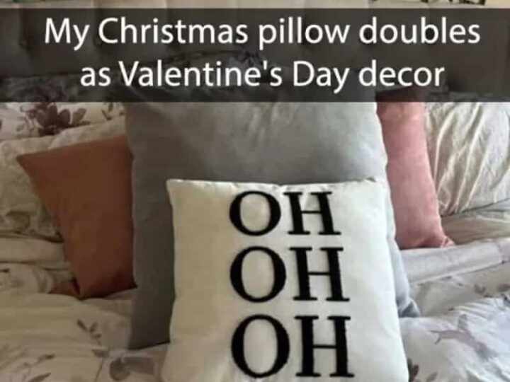 Christmas pillow with 'OH OH OH' text doubles as Valentine's Day decor.