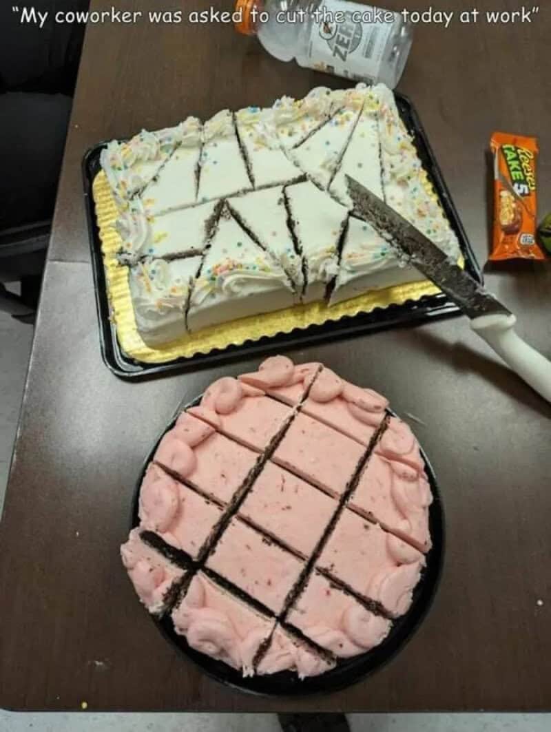 Two cakes, one white with sprinkles and one pink, cut into slices on a table.