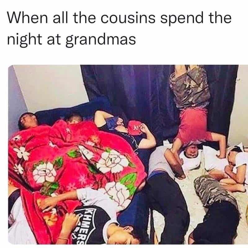 Group of cousins sleeping and relaxing on the floor at grandma's house.