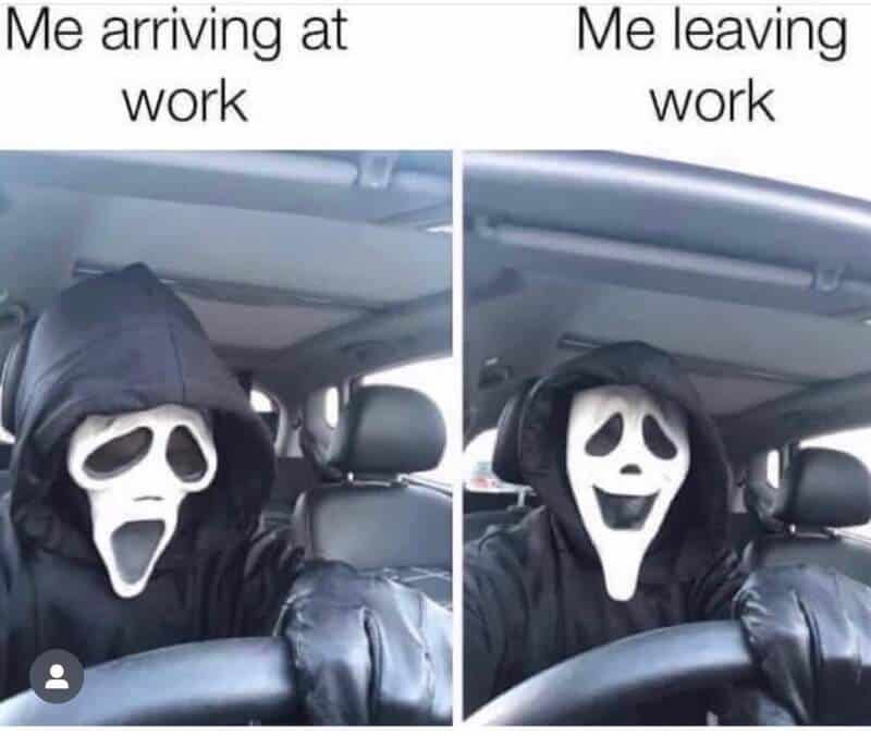 Person wearing a ghost mask in a car, showing different expressions for arriving and leaving work.