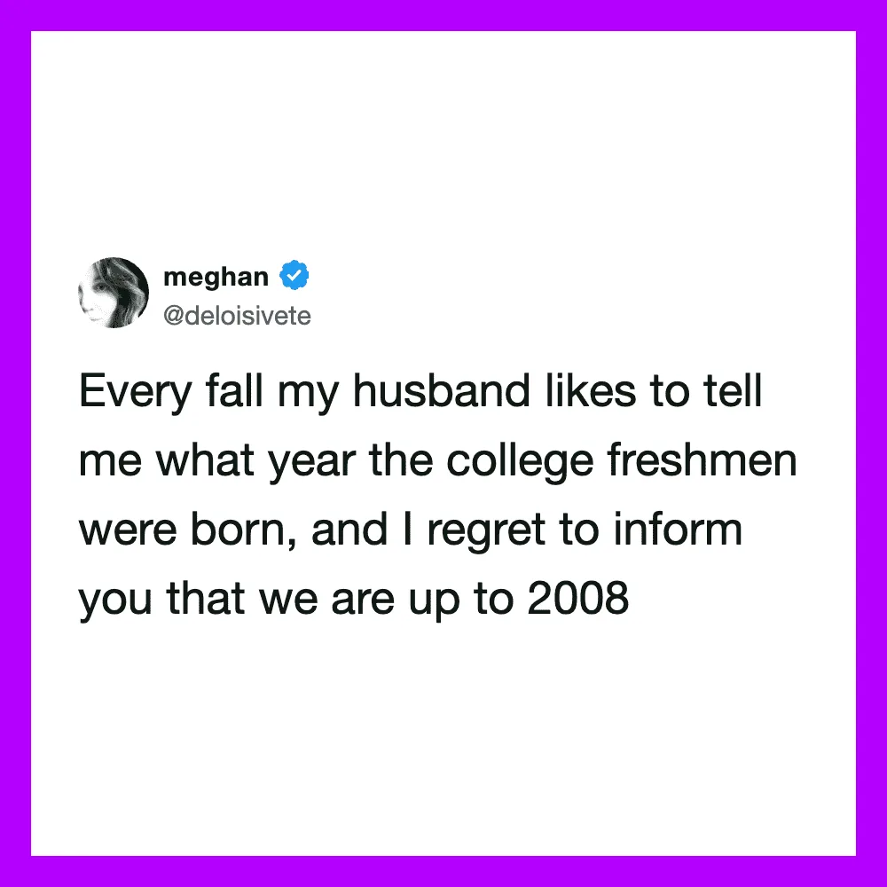 Meghan's tweet about her husband's college freshman birth year and her regret.