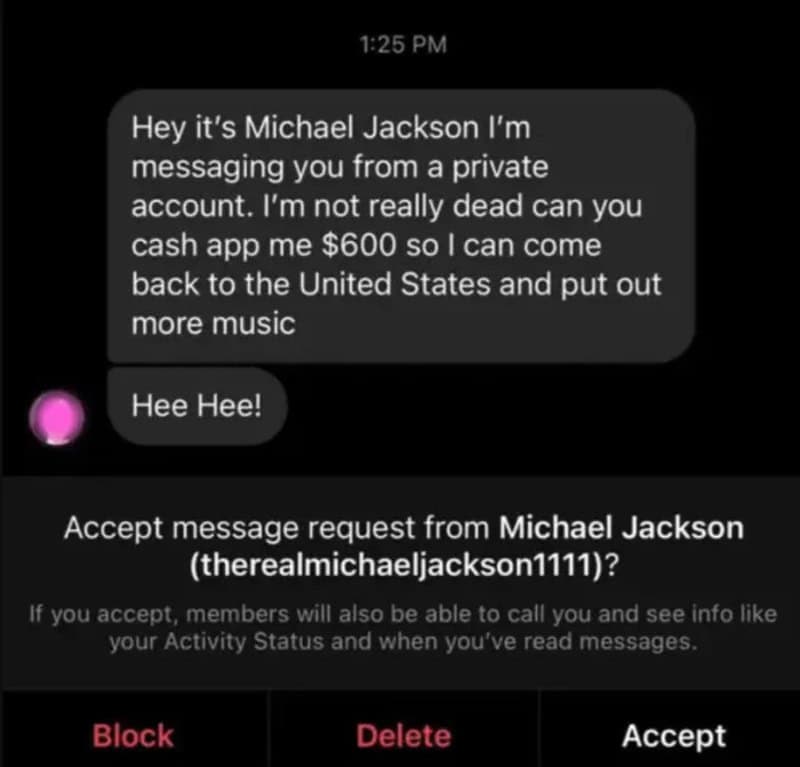 Fake scam message claiming to be Michael Jackson offering money to return to the US.