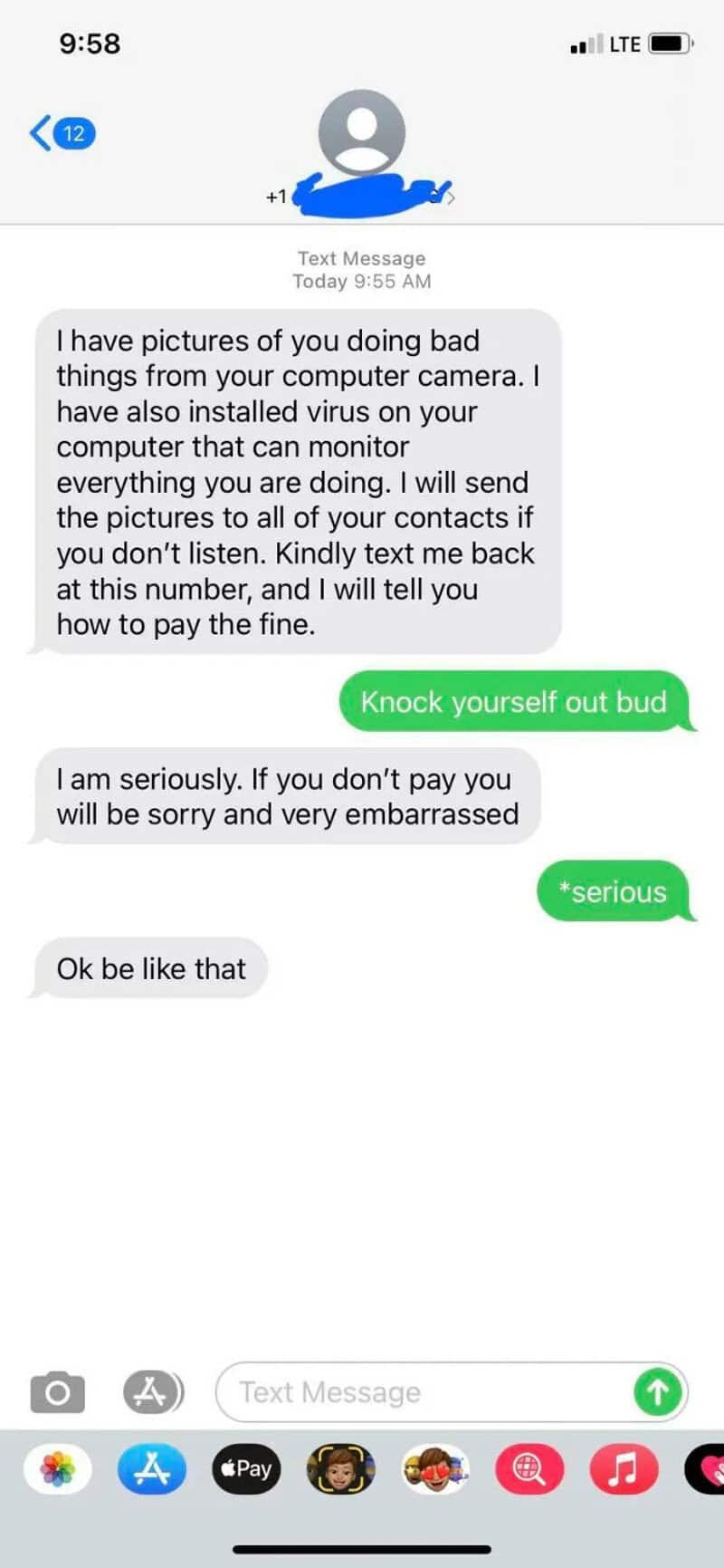 Text message conversation with scam messages and responses.