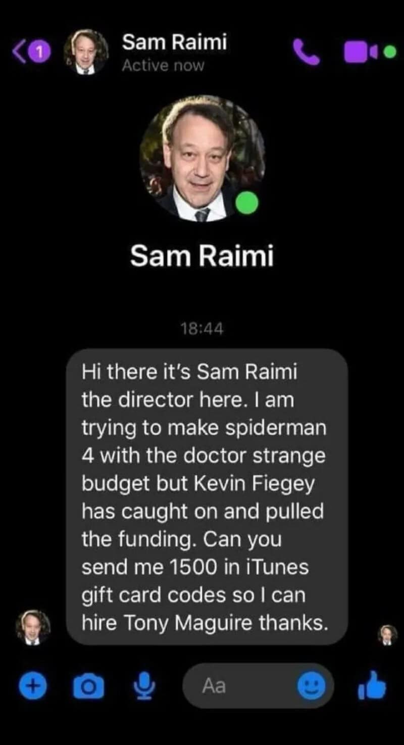 Screenshot of a scam message from 'Sam Raimi' asking for money with a fake story.