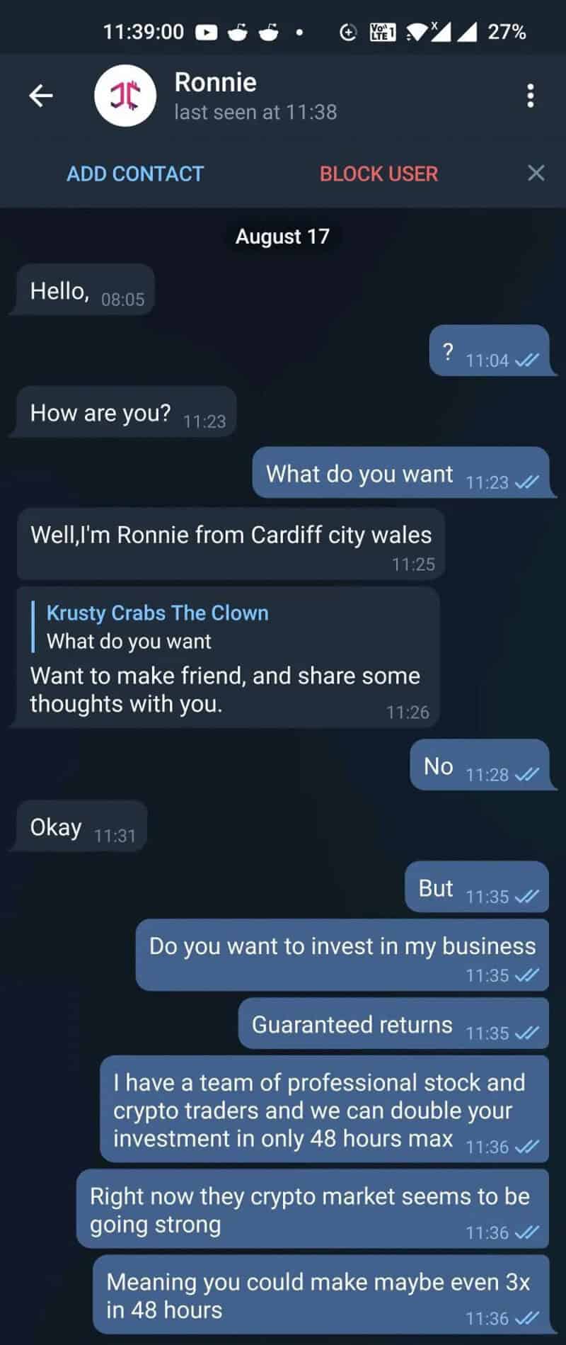 Chat conversation about investment and crypto trading, with Ronnie from Cardiff.