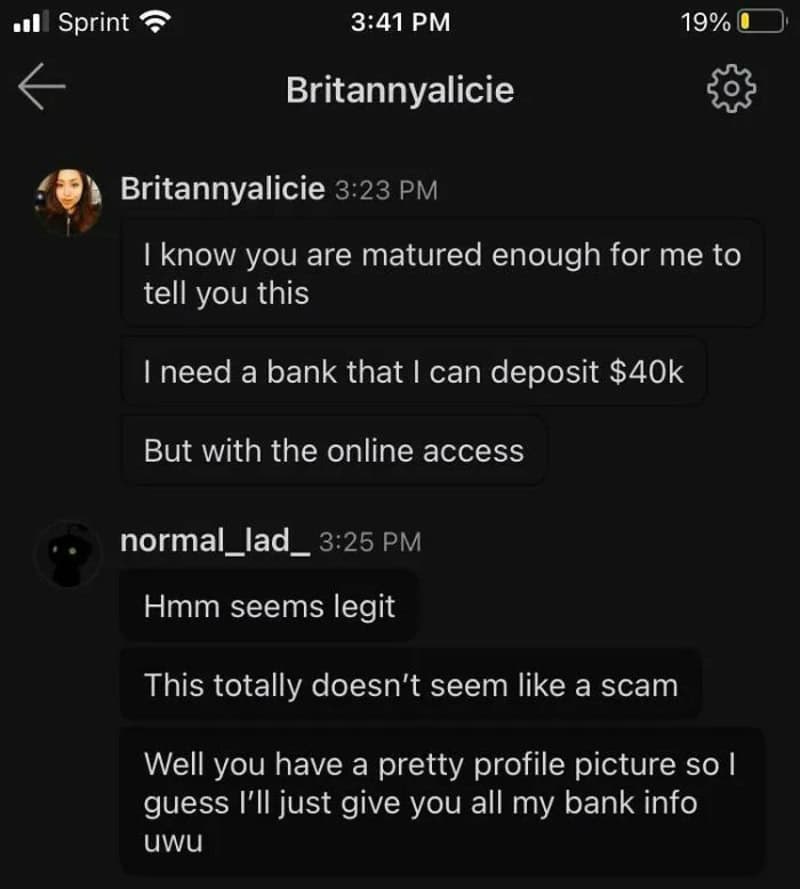 Conversation about a scam involving bank deposit and online access.