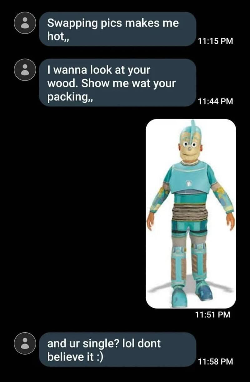 Text messages about swapping pics and looking at wood, with a toy robot image.