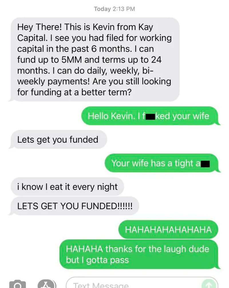 Text message conversation about scam funding messages with humorous responses.