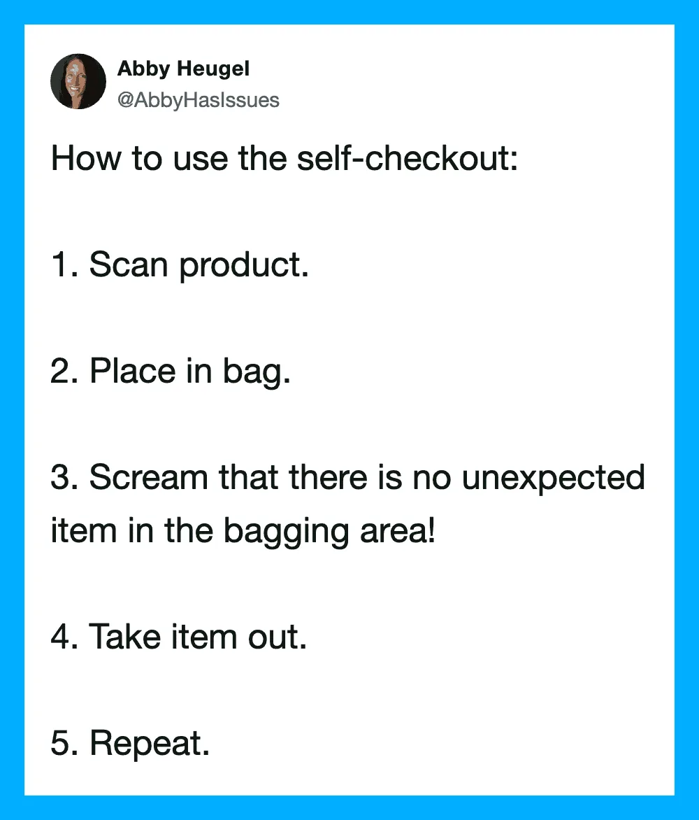 How to use the self-checkout: scan, bag, scream, take out, repeat.