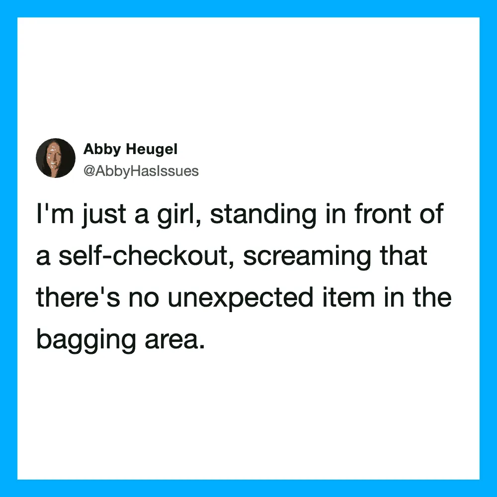 Girl standing in front of a self-checkout, upset about unexpected item.