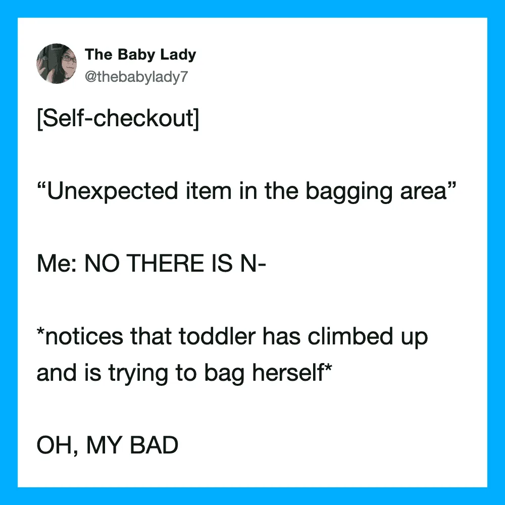 A tweet about self-checkout and a toddler climbing into a bagging area.