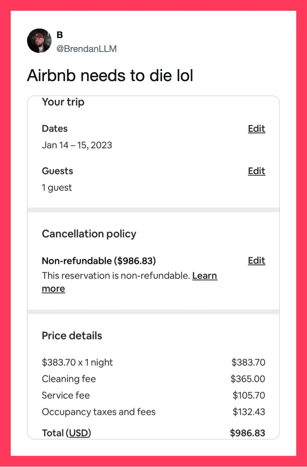 Twitter post about Airbnb, showing trip details and total cost of $986.83.
