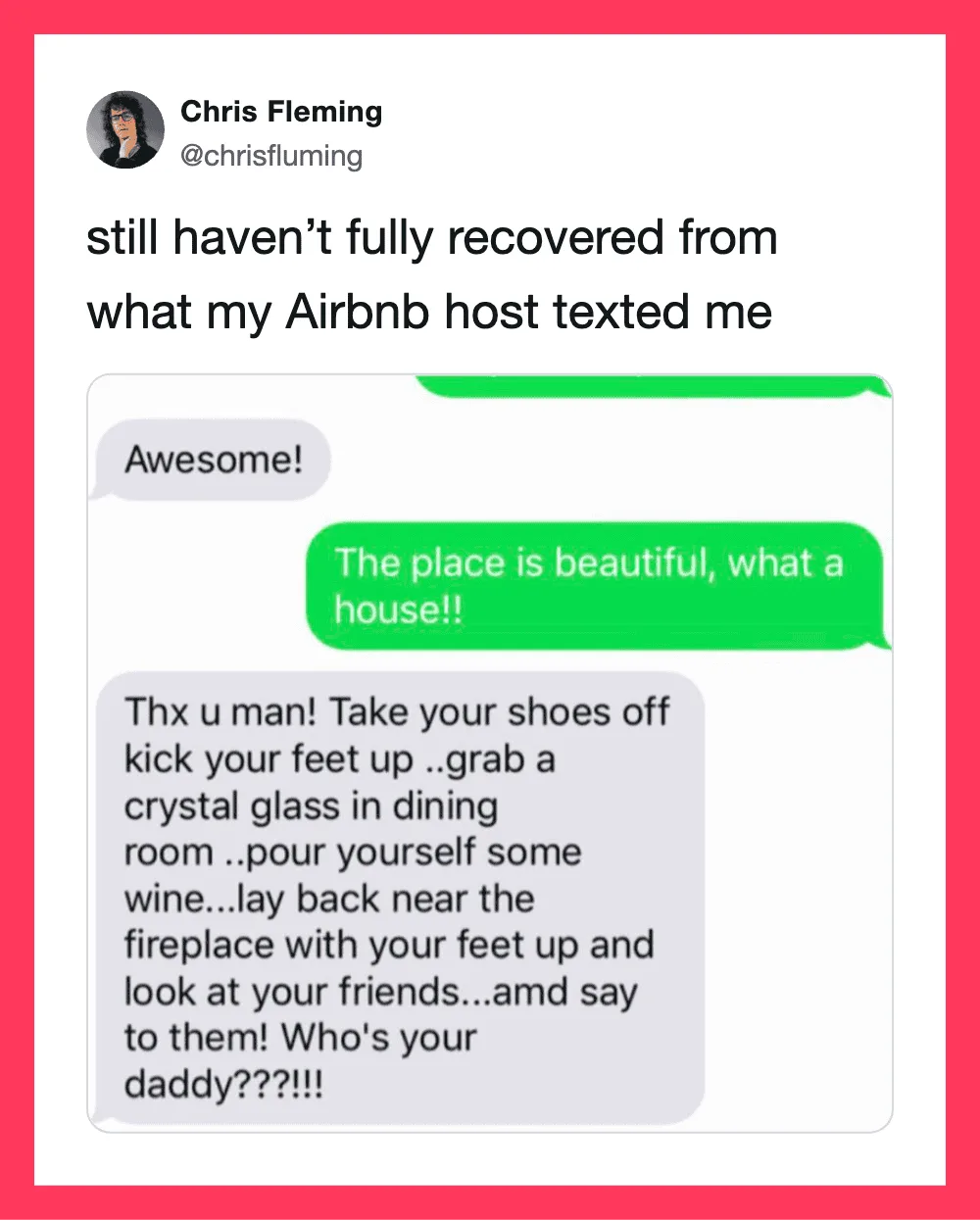 Screenshot of a Twitter conversation about an Airbnb stay, with a humorous message from the host.