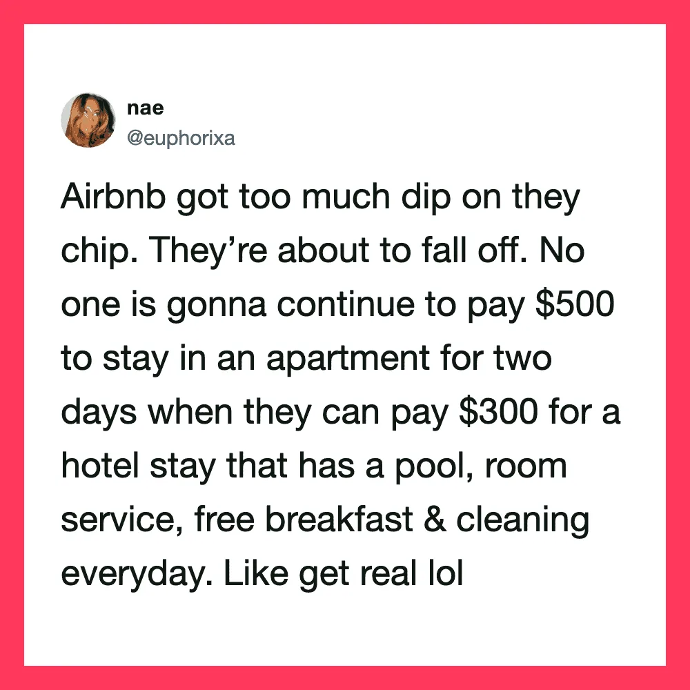 Twitter post about Airbnb pricing and amenities.
