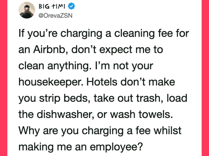 Twitter post by BIG TIME about cleaning fees and guest responsibilities.