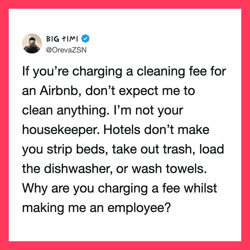 Twitter post by BIG TIME about cleaning fees and guest responsibilities.