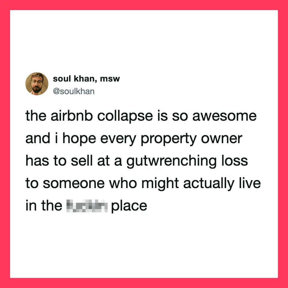 Screenshot of a tweet about Airbnb collapse and property owners selling at a loss.