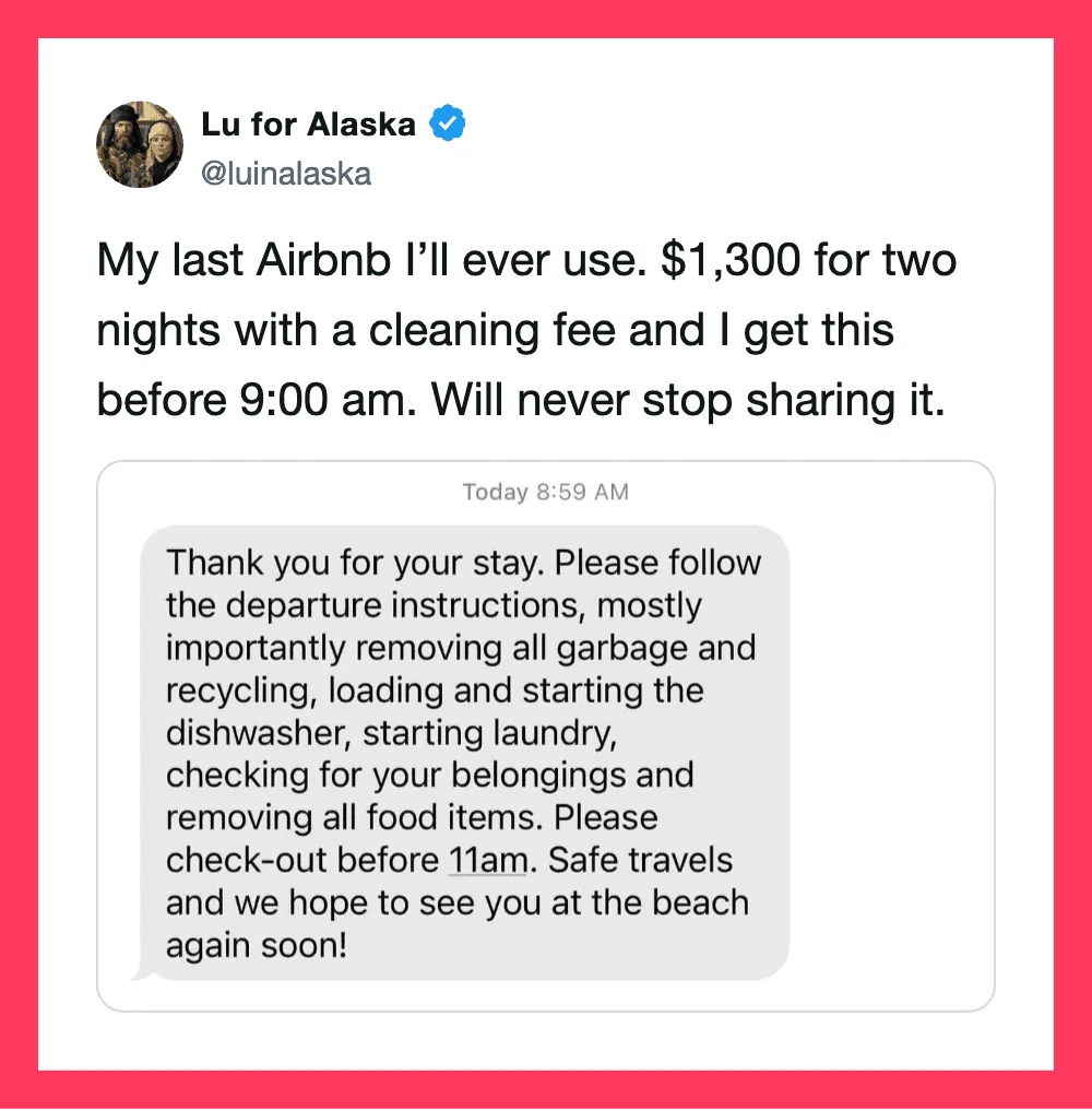 Tweet from Lu for Alaska about Airbnb costs and sharing experience.