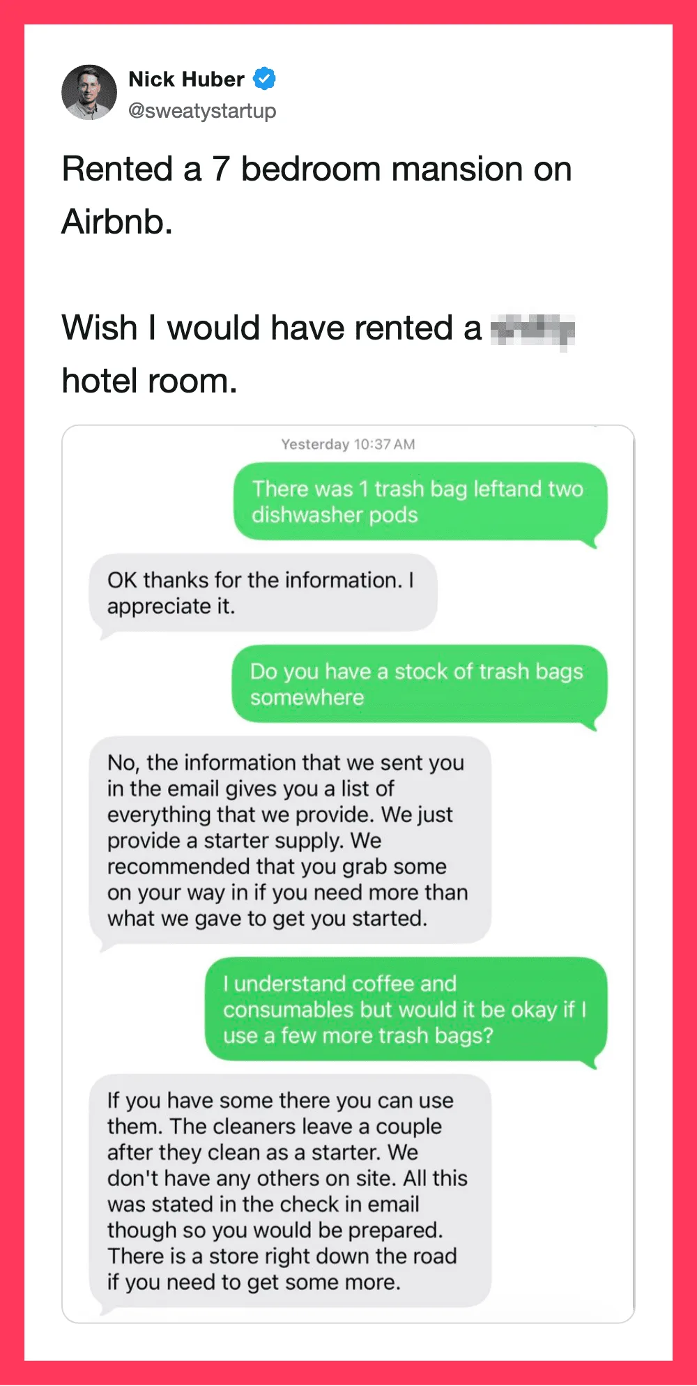 Screenshot of a Twitter conversation about trash bags and a rental property.