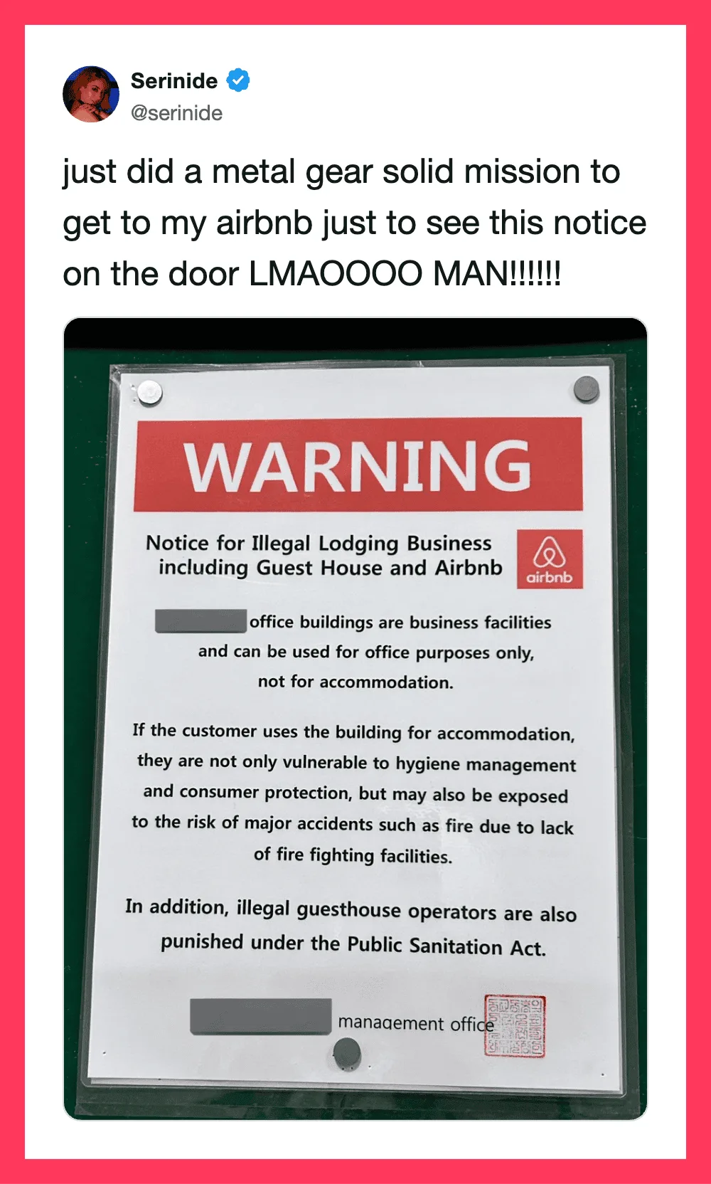 Warning sign about illegal lodging business and guesthouse operators at Airbnb.