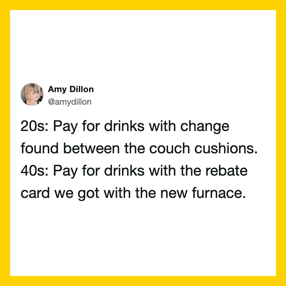 Funny tweet about being over 40 and paying for drinks with a rebate card.