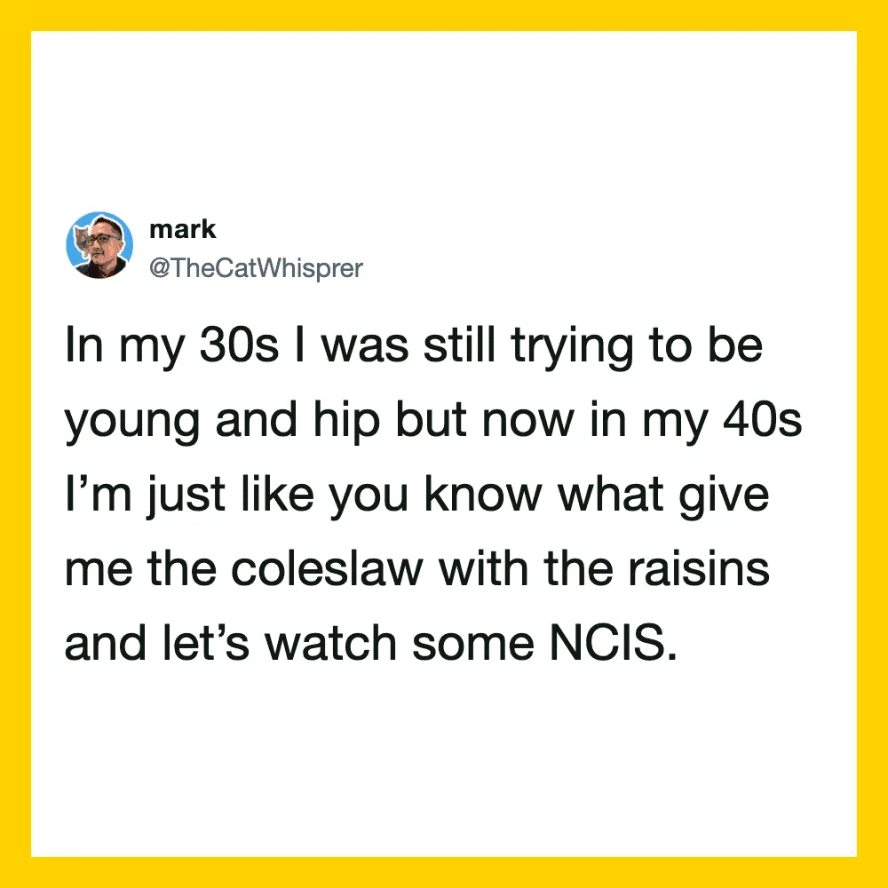 Twitter post by @TheCatWhisperer about aging and TV shows.