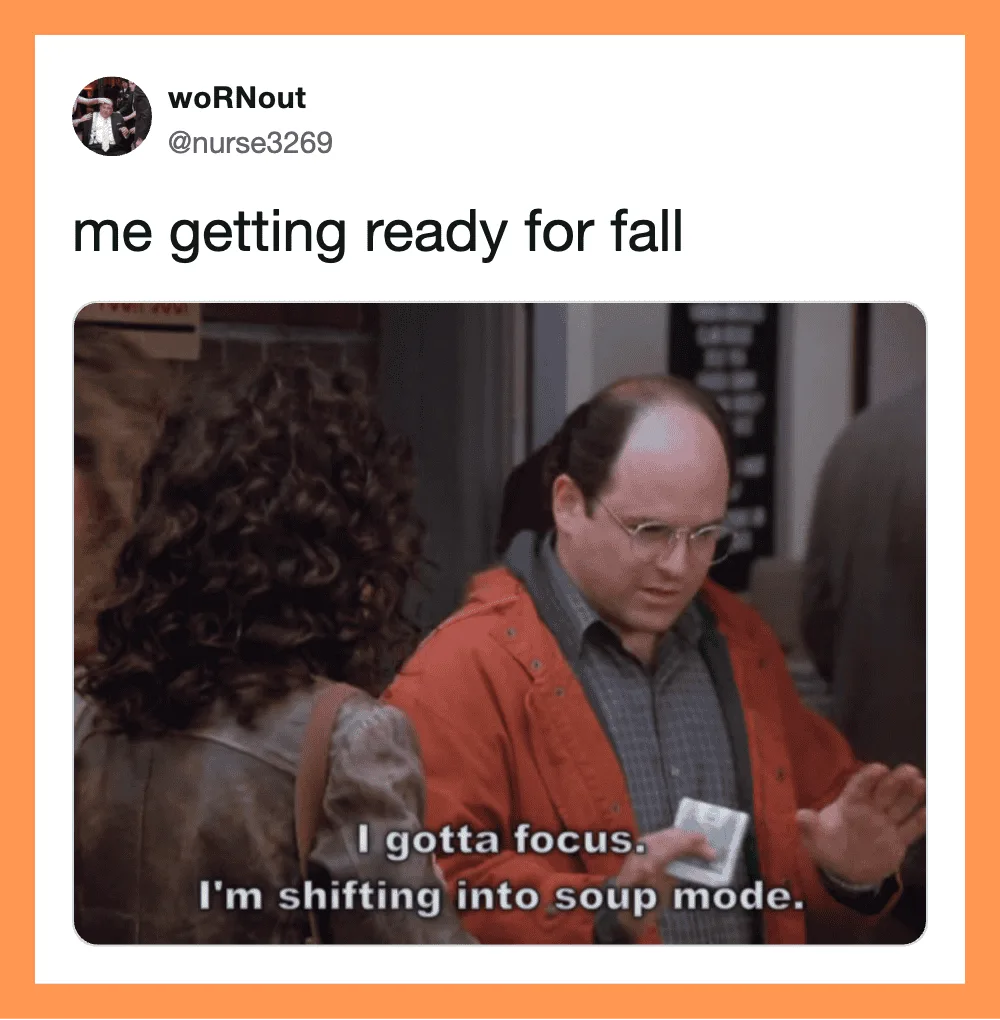 Person looking at phone with caption about shifting into soup mode for fall.