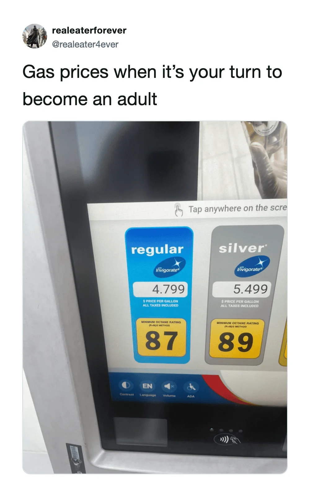 Gas prices at a self-service pump: regular $4.799, silver $5.499.