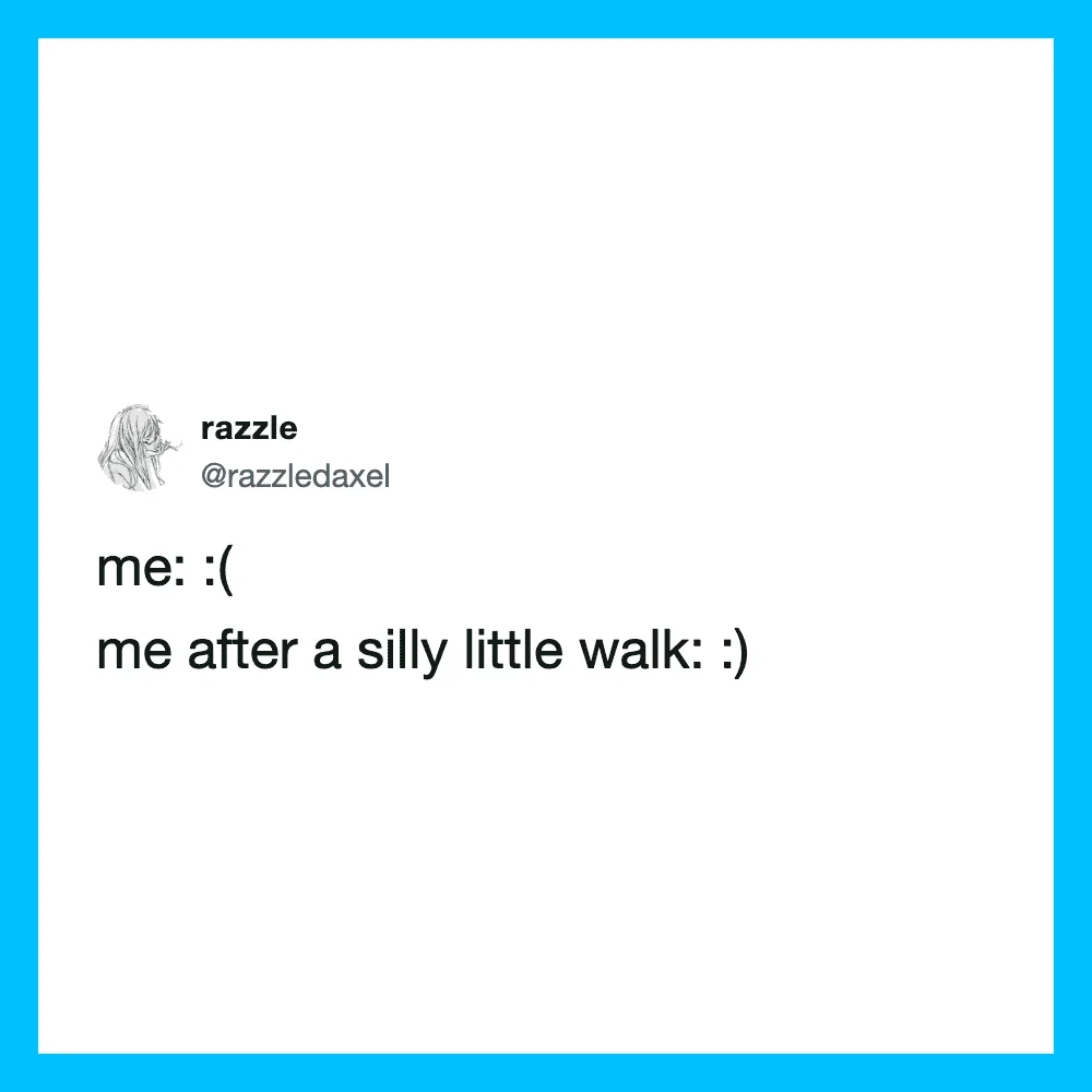 Twitter post about feeling sad after a silly walk.