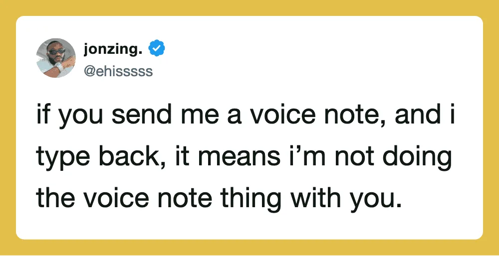 Twitter post by jonzing about voice notes and typing back.