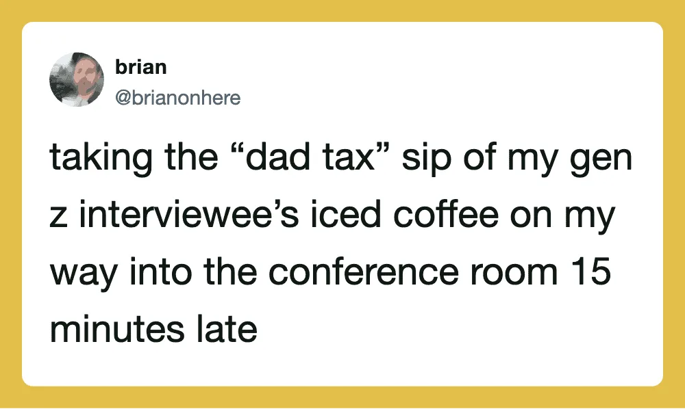 Tweet about taking the 'dad tax' sip of iced coffee before a conference.