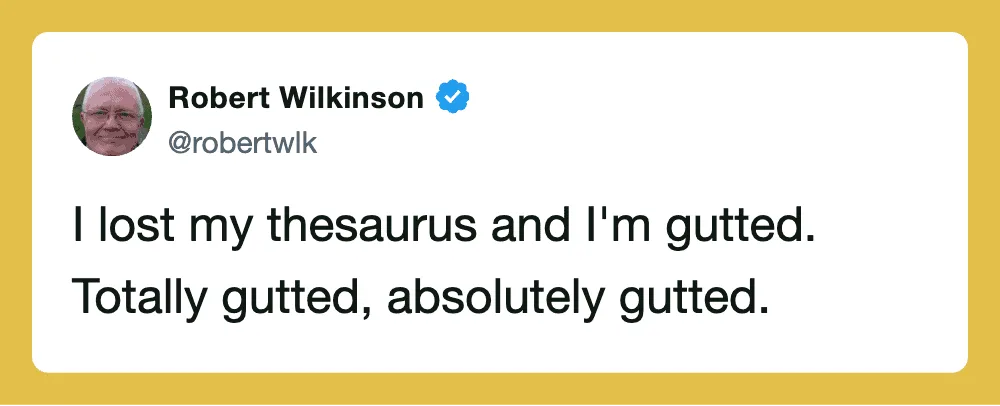 Twitter post by Robert Wilkinson about losing his thesaurus.