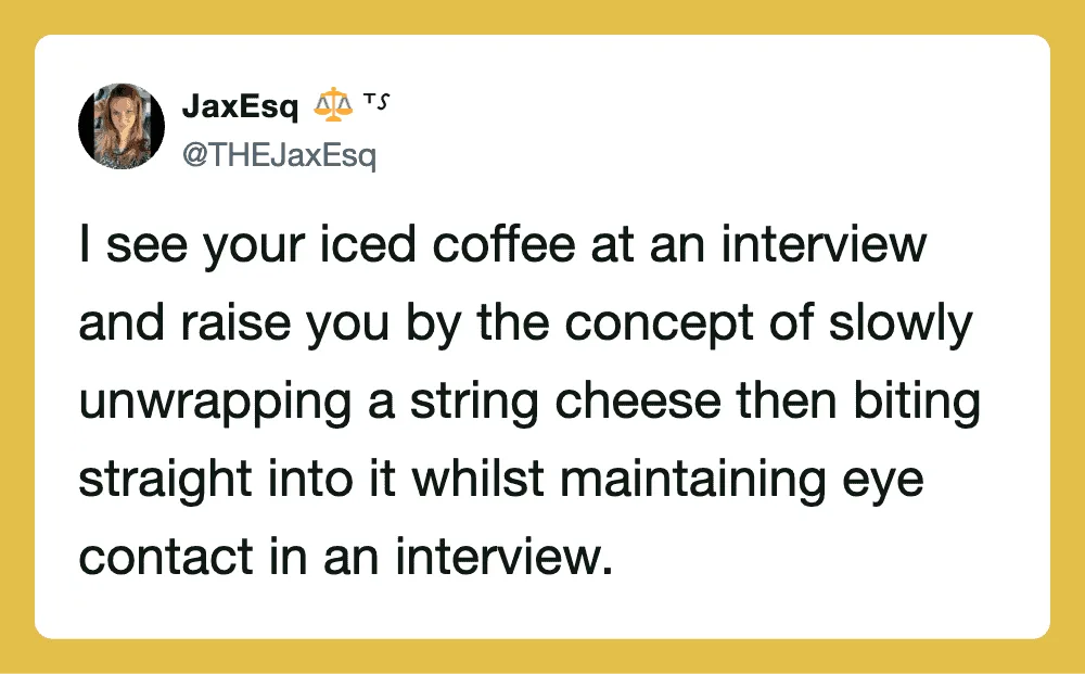 Tweet about iced coffee and interview, with a yellow background.