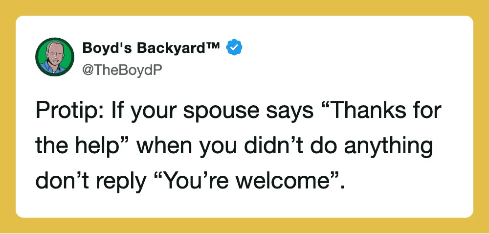 Boyd's Backyard tweet about spouse saying thanks for help.